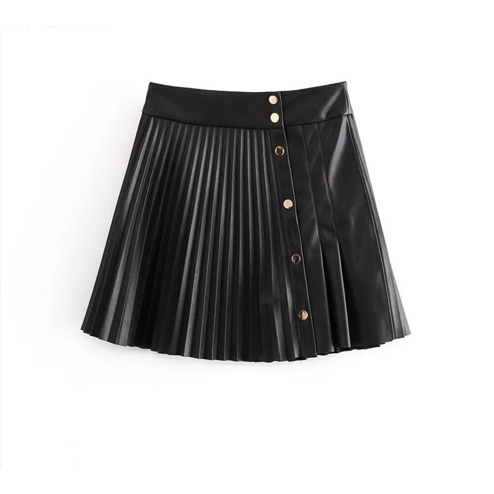 ZARA Faux Leather Button High Waisted Pleated Mini Skirt NWOT